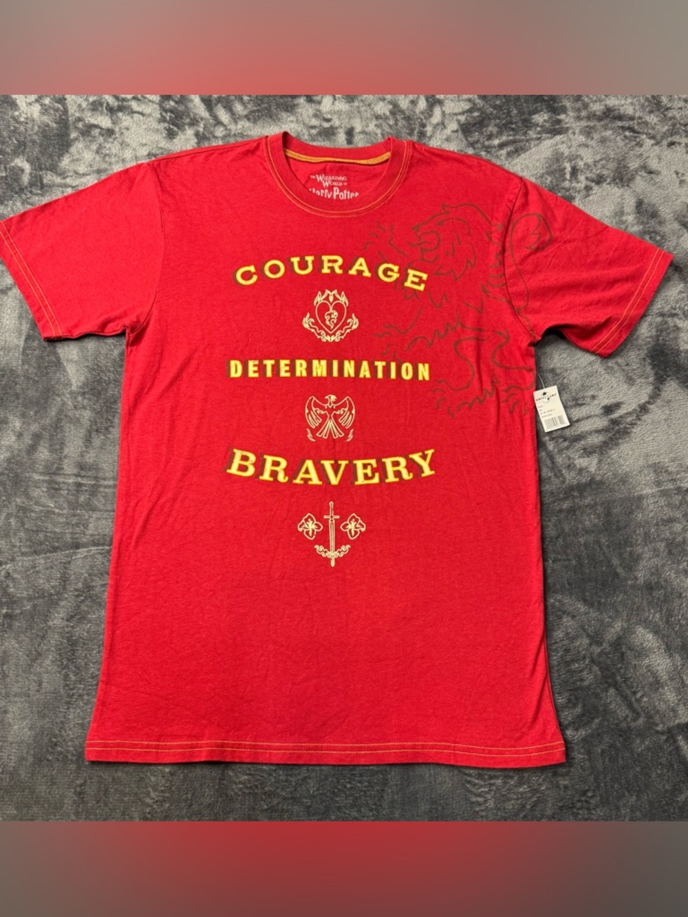 Universal Red T-Shirt with Yellow Graphics - Courage Determination Bravery